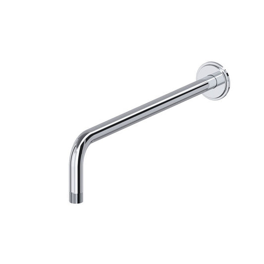 A chrome shower arm with a wall mount.